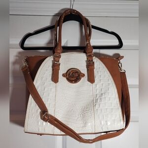 MC White and Brown Leather Women's Shoulder Bag Has Peeling/ Flaws